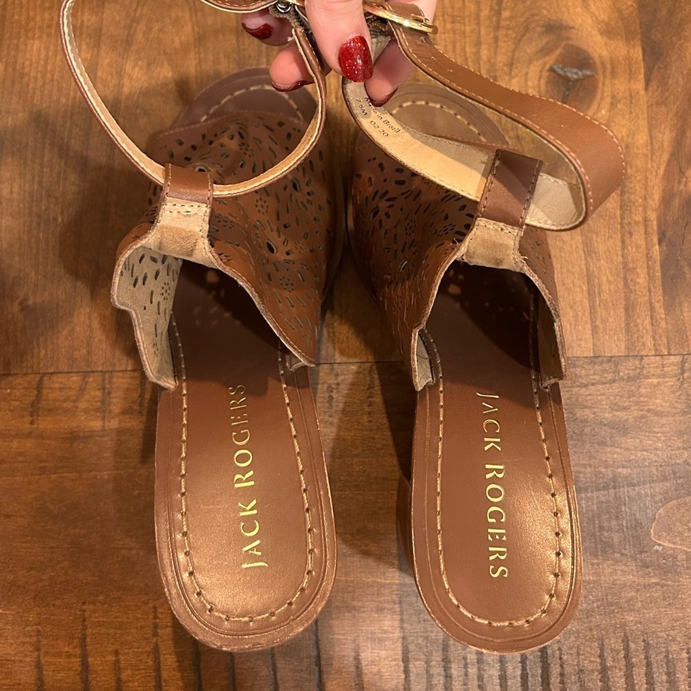 Jack Rogers Ronnie Laser Cut Ankle Strap Chunky Block Heel Sandals Brown 7.5 - Picture 8 of 10